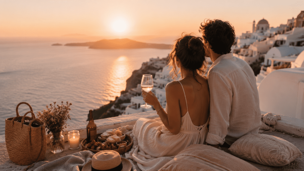 Casal olhando para o pôr do sol na Grécia. Como Planejar Uma Viagem Romântica Sem Gastar Muito E Criar Momentos Inesquecíveis