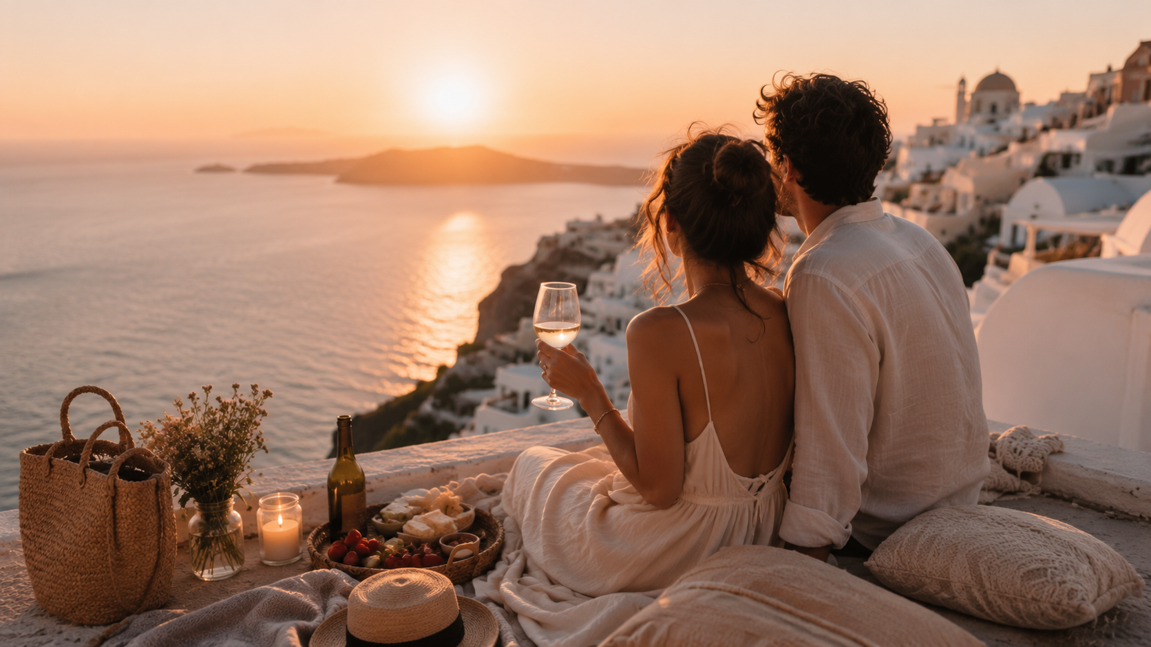 Casal olhando para o pôr do sol na Grécia. Como Planejar Uma Viagem Romântica Sem Gastar Muito E Criar Momentos Inesquecíveis