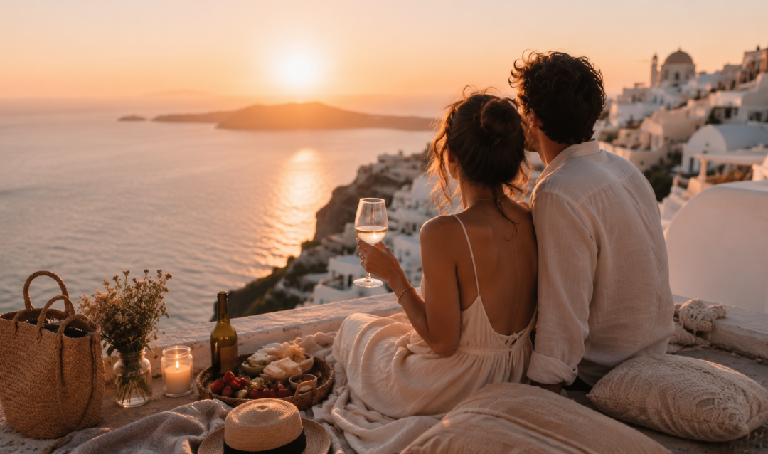 Casal olhando para o pôr do sol na Grécia. Como Planejar Uma Viagem Romântica Sem Gastar Muito E Criar Momentos Inesquecíveis